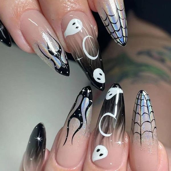 3D Fake Nails for Halloween Party Short French Almond Tips Pumpkin Ghost Spider Designs Faux Ongles Press on False Nail Supply