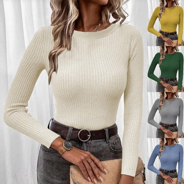 Women's Round Neck Long Sleeve Knitted Blouses Fashion Casual Sweater Tops Ladies Autumn Winter Bottoming Shirts