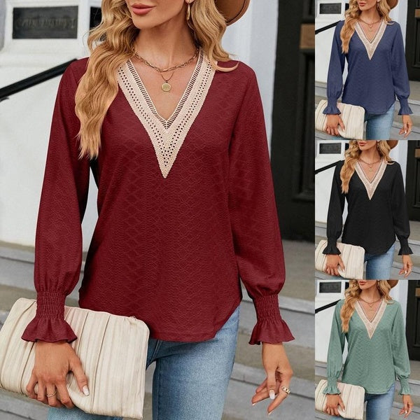 Women's Fashion Casual V Neck Long Sleeve Blouses Ladies Jacquard Loose T-shirts Plus Size Tops
