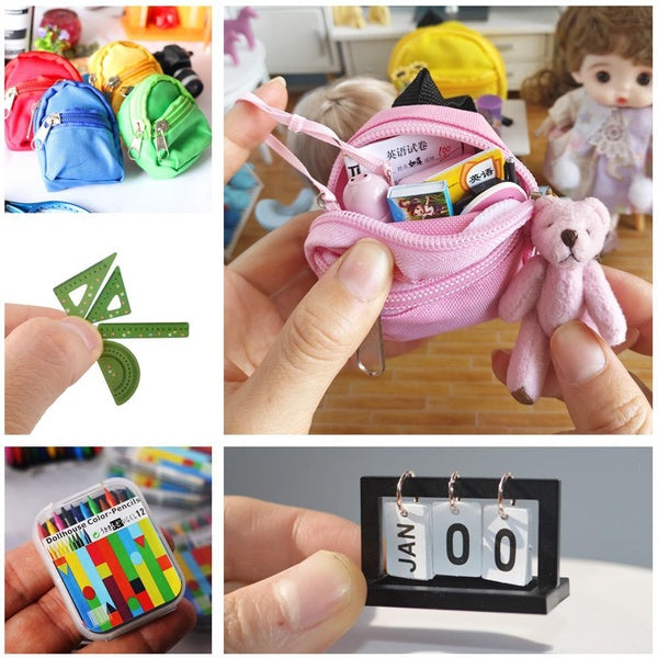 Mini Schoolbag 1:12 Dollhouse Accessories Mini Stationery Pencils-Ruler-Calendar-Testbooks Doll House Miniatures 1:12 Scene Collection Matron Inn