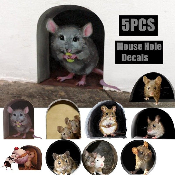 5pcs Creative 3d Miniature Mouse in Holes Decals
