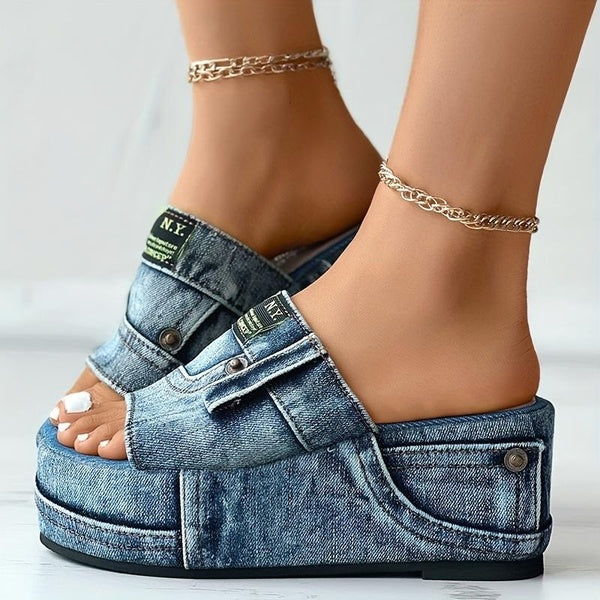 Women's Denim Platform Sandals Fashion Open Round Toe Non Slip Slides Outdoor Wedge Sandals Vintage Cowboy Womens Summer Flats Sandals