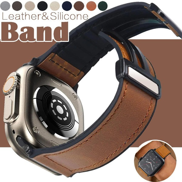 Genuine Leather+Silicone Band for SmartWatch Ultra 2-Ultra 49mm 9 8 7 41mm 45mm 44mm 40mm 38mm 42mm 44mm Magnetic Buckle Belt Strap Wristband Watchba