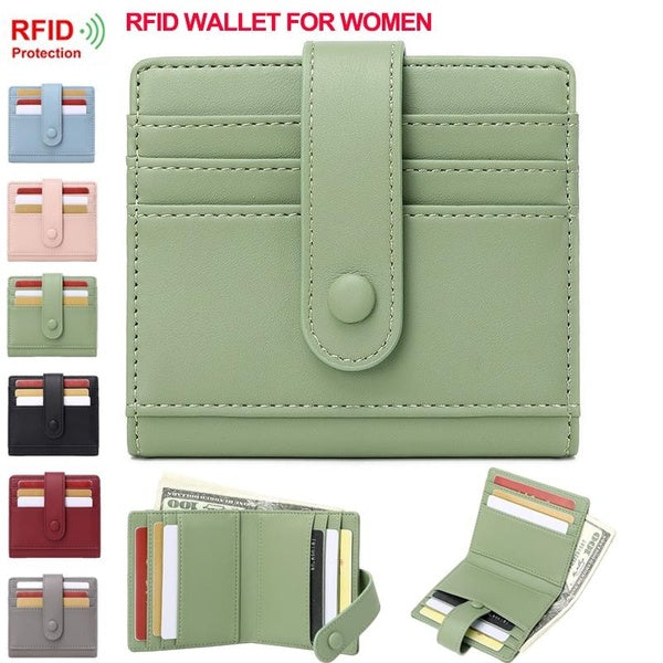 Petits portefeuilles bloquant RFID pour femmes, porte-cartes de crédit mince à deux volets, pochette minimaliste à fermeture éclair pour pièces de mo