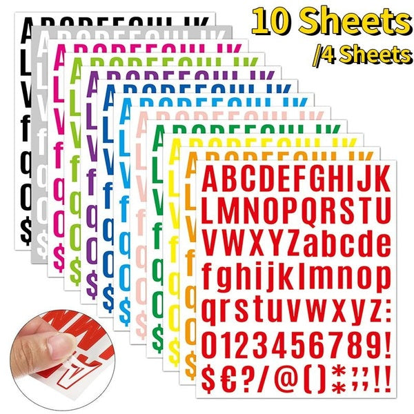 4-10 Sheets Alphanumeric Stickers Multi-Color Alphabet Stickers Vinyl Self Adhesive Number Stickers Labels DIY Logo Decals Crafts