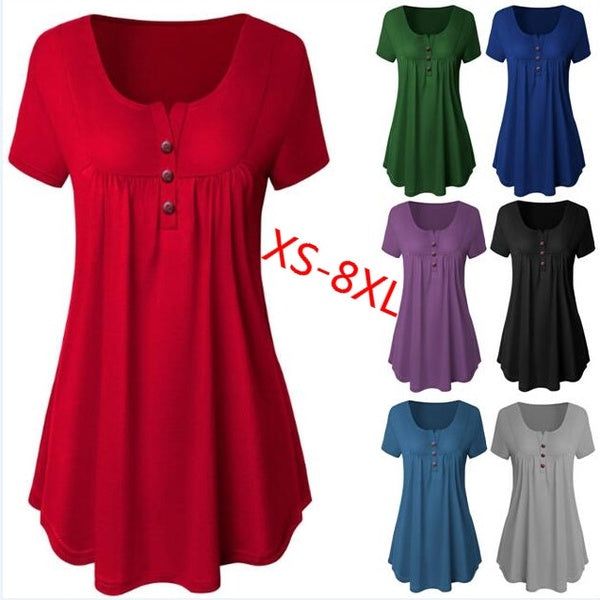 Plus Size XS-8XL Women Summer Casual Deep V-neck Short-Sleeve Tops Solid Color Blouses Button Hem Loose T-Shirt Ladies Fashion Pleated Tunic Tops