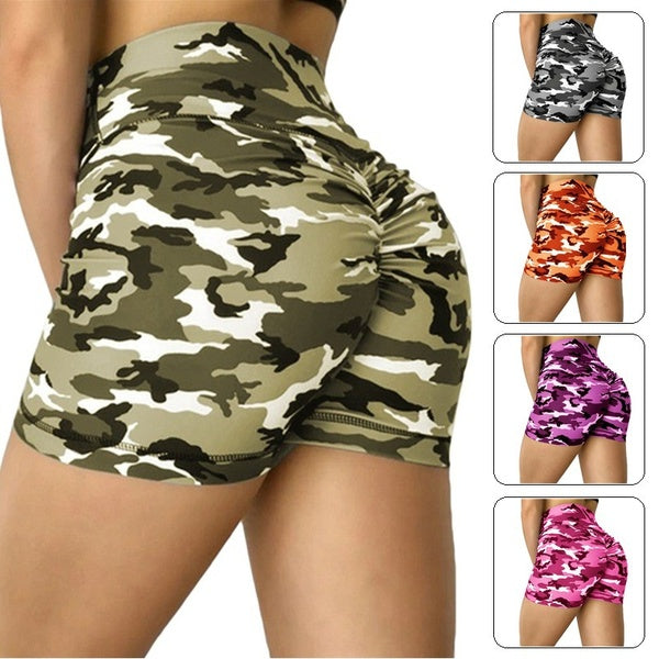 Women Yoga Sports Running Shorts Leggings Camo Stretch Pants Yoga Shorts Camouflage Fitness Clothing Jogging Workout Shorts（5 Colors）