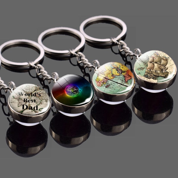 Globe Keychain, Earth Key Ring, World Map Pendant, Men's and Women's Fashion Glass Ball Jewelry, Adventurer's Gift