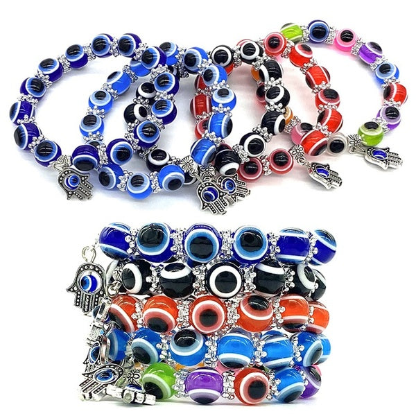 5 couleurs Evil Eye Hamsa Perlé Charme Bracelet Extensible Main de Fatima Turc Lucky Evil Eye Bracelet pour la Protection et la Bénédiction