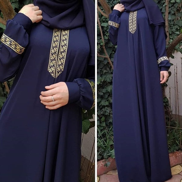 Women Islamic Arabic Elegant Costumes Printed Long Sleeve Loose Retro Robes Abaya Middle East Muslim O-Neck Dress