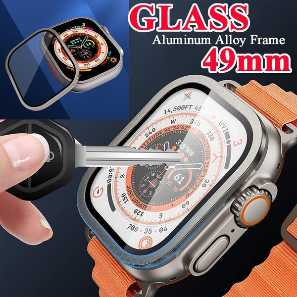 Tempered Glass with Metal Frame for Apple Watch Ultra 49mm for Iwatch Ultra Bumper Screen Protector Aluminum Alloy Frame Accessories Anti-Scratch HD