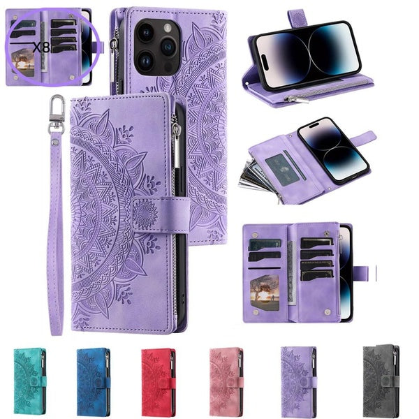 Slim Soft PU Pressed Sunflowers Leather Zipper Flip Wallet Multi Card Slots Photo Frame Phone Bag Case For iPhone 14 13 12 11 XR XS Max-Samsung S23 S