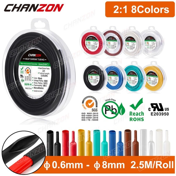 Chanzon 2.5M-Roll 8 couleurs 0.6 - 8mm gaine thermorétractable tube d'enveloppe rétractable blanc noir protecteur de fils transparents manchon de câb