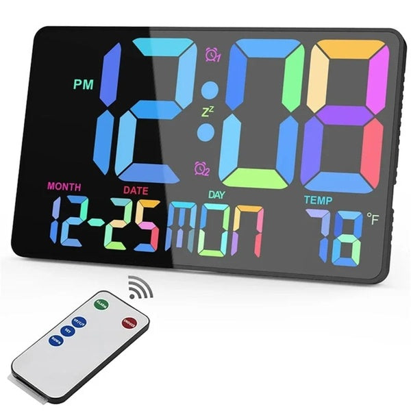 Horloge murale numérique LED multicolore avec affichage de la date, de l'heure et de la température, réveil électronique avec télécommande