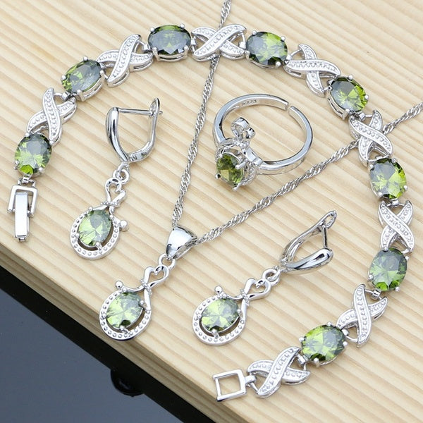 Korean 925 Sterling Silver Jewelry Sets Olive Green Topaz Gemstone Wedding Women Open Ring Long Earrings-Pendant-Necklace-Bracelets