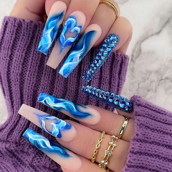 Long Ballerina French Fake Nails Blue Flame Love Heart Butterfly Drill Wear Full Cover Press on Nails DIY Detachable Nail Tips