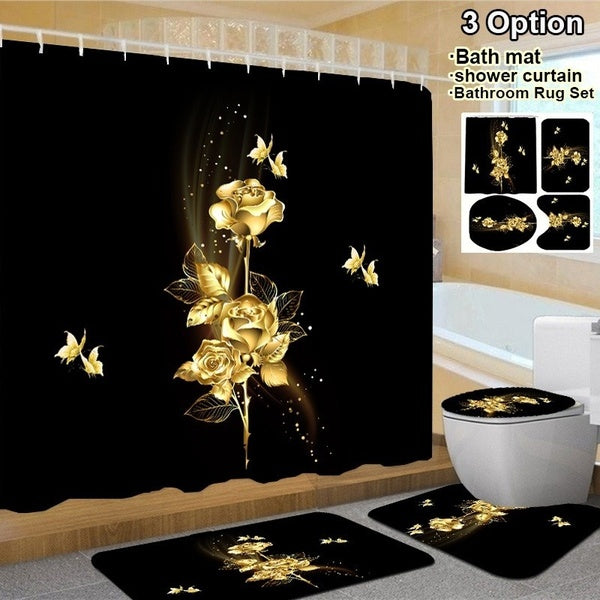 4-3-1 Pcs Gold Rose Shower Curtain Sets with Non-Slip Rug, Toilet Lid Cover and Bath Mat, Rose Shower Curtain with 12 Hooks, Waterproof Raindrops Sho