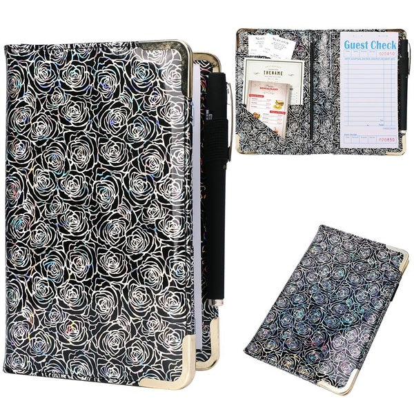 Rose Pattern Server Book Organizer With Zipper Pocket, Restaurant Guest Check Presenters Card Holder For Waitress Waiter