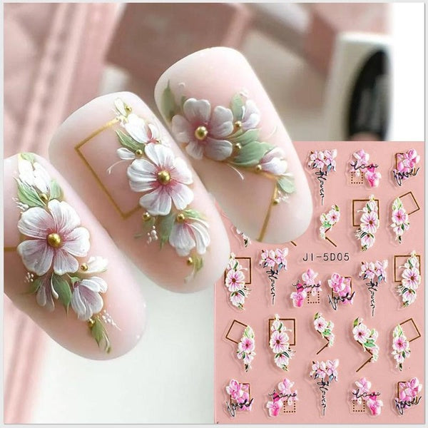 2pcs 5D Nail Stickers Flowers DIY Manicure Embossed Sliders Nail Art Decorations Decals