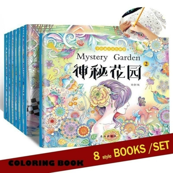 New 8 Books-set Adult Child Stress Relieving Coloring Book Fun Book