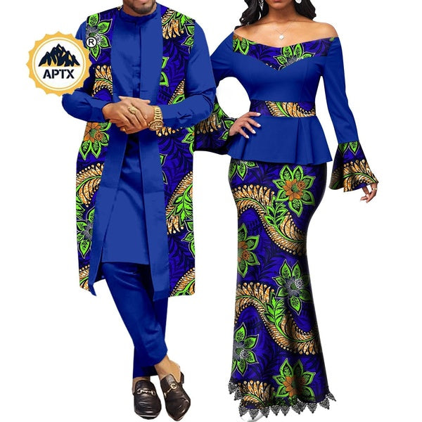 African Couple Clothes Women Top & Skirts Match Men Outfits 3 Pieces Pants Sets