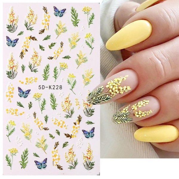 Yellow Mimosa 5D Nail Stickers Embossed Flowers Nails Decals Decor Acrylic Adhesive Sliders Spring LA5D-K228