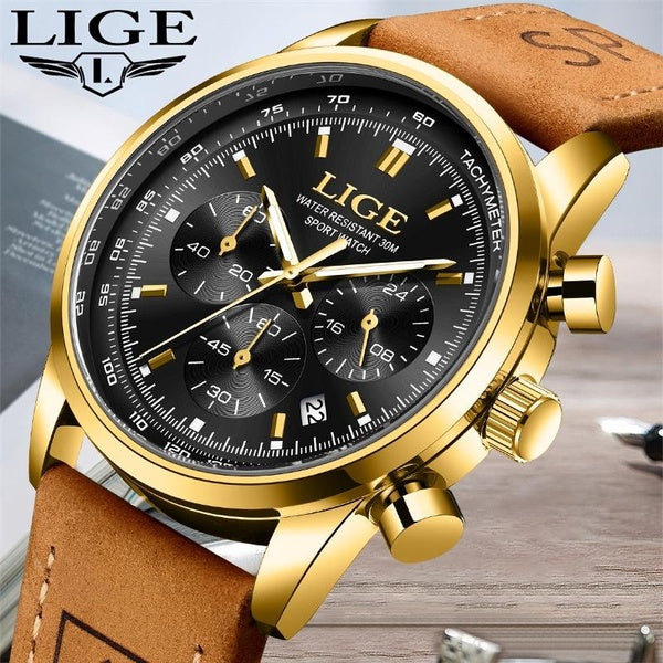 LIGE marque montre hommes en cuir étanche montres hommes armée militaire Quartz montre-bracelet chronographe mâle horloge Relogio Masculino