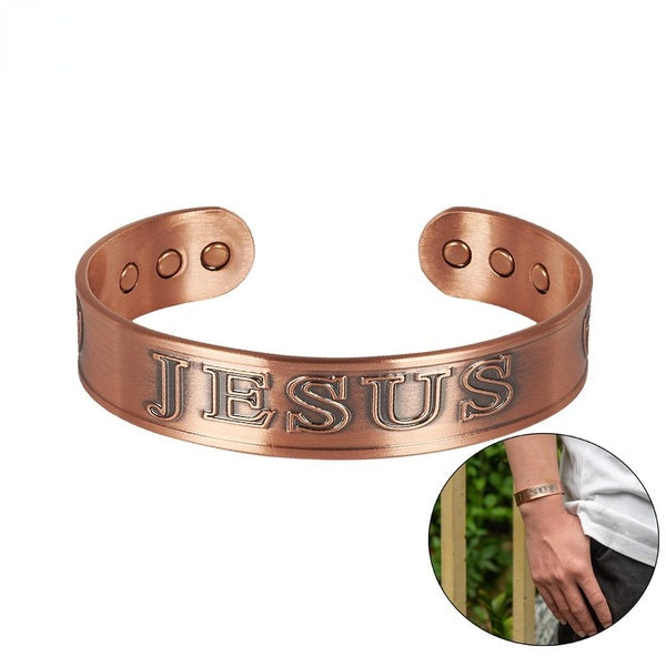 Pure Copper Bracelets Magnetic JESUS 15mm Adjustable High Magnet Cuff Bangles Vintage Health Energy Jewelry Resizable