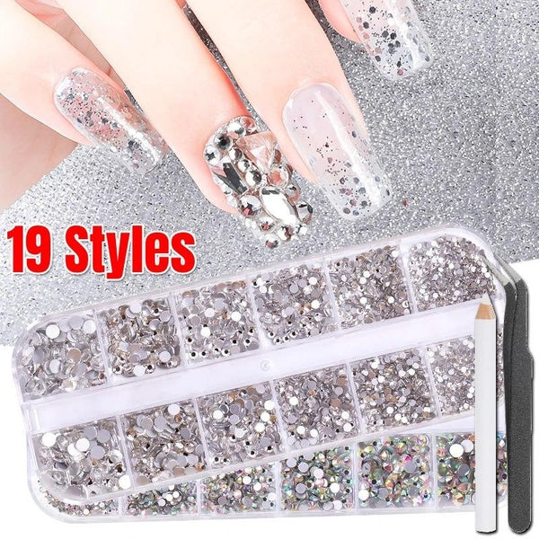 (19 Styles Optional) 12 Grids Flatback Rhinestones Multi Size Glass Nail Rhinestones DIY Nail Art Decorations Crystal Diamond Gem Stone with Tweezers