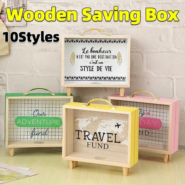 10 styles boîte d'épargne en bois pièces de monnaie objectifs tirelire compteur avec autocollants de nom fait à la main rétro personnalisé pot pièces