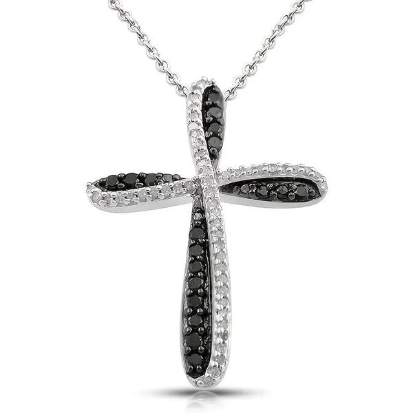 New Fashion Silver Plated Micro Pave Cubic Zirconia Black Diamond Cross Pendant Necklace for Women Daily Casual Accessories Matron Inn