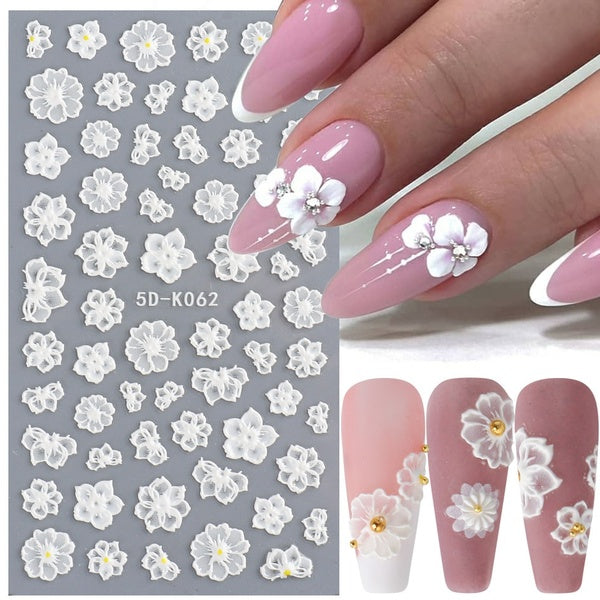 1 Sheet White Flowers Lace Nail Stickers 5D Decals Embossed Floral Nail Art Designs Slider Japanese Decoration Manicure TR5D-K