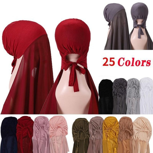 Muslim Women Bonnet Popular Bubble Solider Color Heavy Chiffon Hijab with Bonnet Elastic Rope Free Use Style Headwrap Shawls