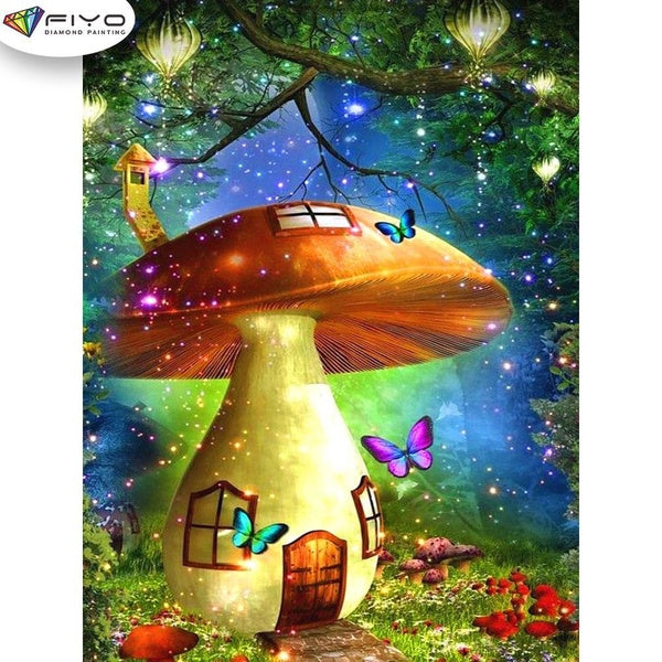 FIYO Mushroom House Diamond Painting Kits For Adults DIY 5D Diamond Mosaic Diamond Painting Home and Kitchen Fashion Canvas Pictures Wall Decoration
