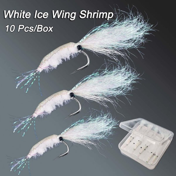 10Pcs-Box White Ice Wing Shrimp Fly Bait Saltwater Freshwater Flies Bass Trout Salmon Lure Bait Hook 4#6#8#10#12#