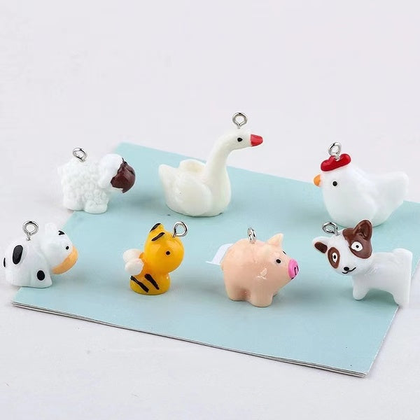 20pcs Mini Small Animals Sheep Cock Dog Pig Cow Swan Charms Flat Back Resin Charms Necklace Pendant Keychain Charms for DIY Decoration