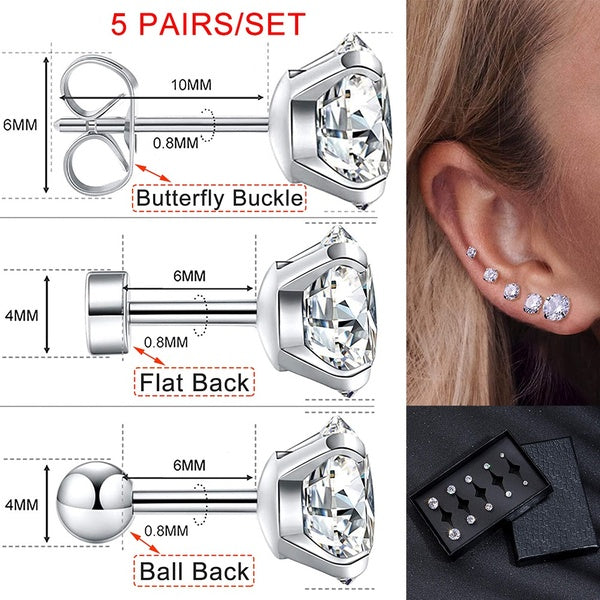 5 Paires-ENSEMBLE Acier Inoxydable Hommes Femmes Boucles D'Oreilles Ensemble Rond Cubic Zirconia Dos Plat Boucles D'oreilles Piercing Oreille Cartila