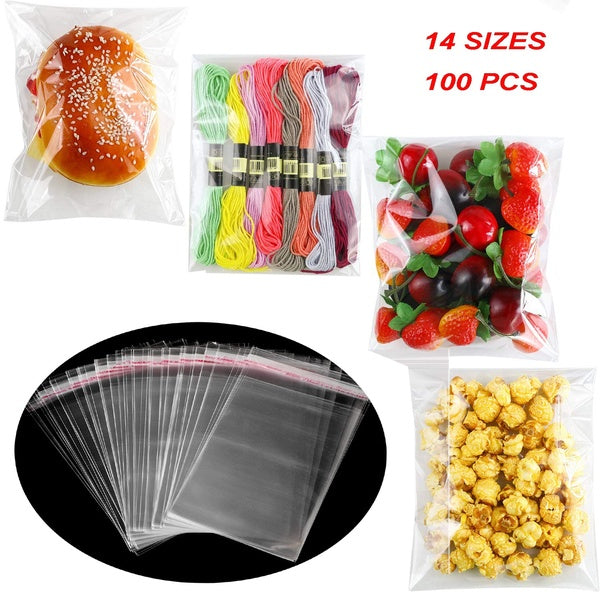 100pcs Resealable Poly Bag Transparent Plastic Bags Self Adhesive Seal Jewellery Making Bag 3.5x8,5x11,6x15,10x17,11x15,12x20,13x19,14x20,16x24,20x25