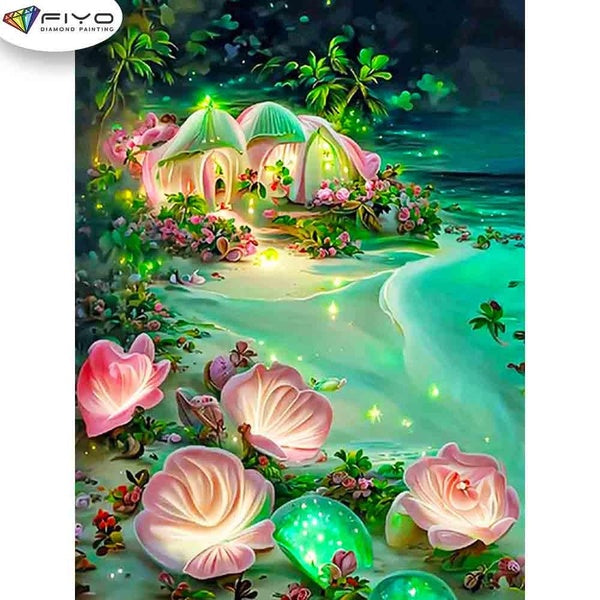 FIYO Green Beach Diamond Painting Kits For Adults DIY 5D Diamond Mosaic Diamond Painting Home and Kitchen Fashion Canvas Pictures Wall Decoration Gif