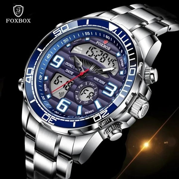 LIGE FOXBOX New Watch For Men Dual Display Stainless Steel Sport Wrist Watch Men Waterproof Date Digital Watch + Box