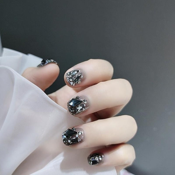 24Pcs Press On Nails Glossy Cool Black Bling Rhinestone Short False Nails Detachable Artificial French Coffin Nails For Girls Nail Art Design