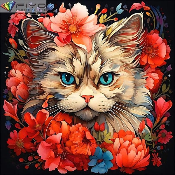 FIYO Cat and Flower DIY 5D Diamond Painting Full Drill with Number Kits Home and Kitchen Fashion Mosaic Diamond Painting Canvas Wall Decoration Gift