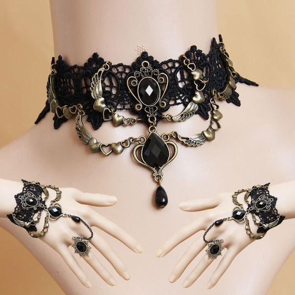 Black Choker Lace Necklace with Bracelet Set Punk Party Gothic Vintage Handmade Lolita Retro Bracelet Wristband for Women