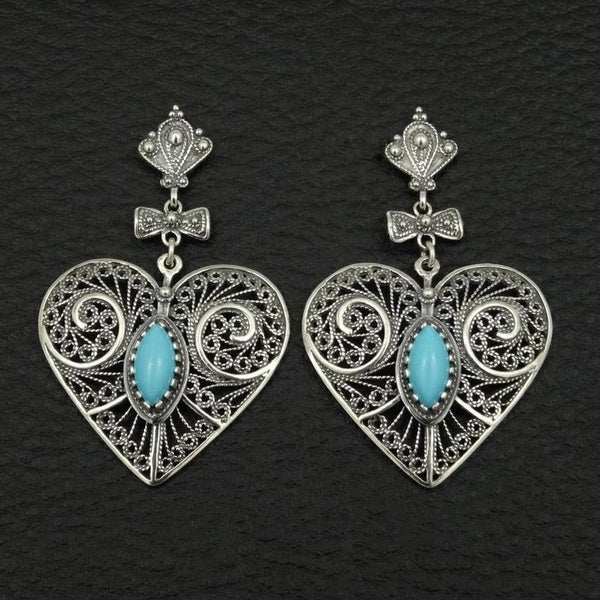 Boucles d'oreilles pendantes avec naud en forme de caur creux en plaqué argent pour femme avec marquise turquoise bijoux cadeau pour ses belles boucl