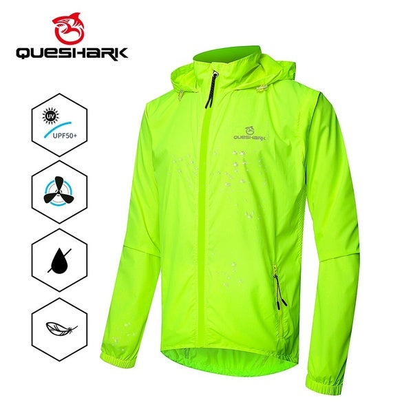QUESHARK 2 in 1 Men Removable Sleeve Cycling Jackets Windproof Waterproof Sleeveless Vest Bike Windbreaker Bicycle Jersey Hooded Running Rain Coat