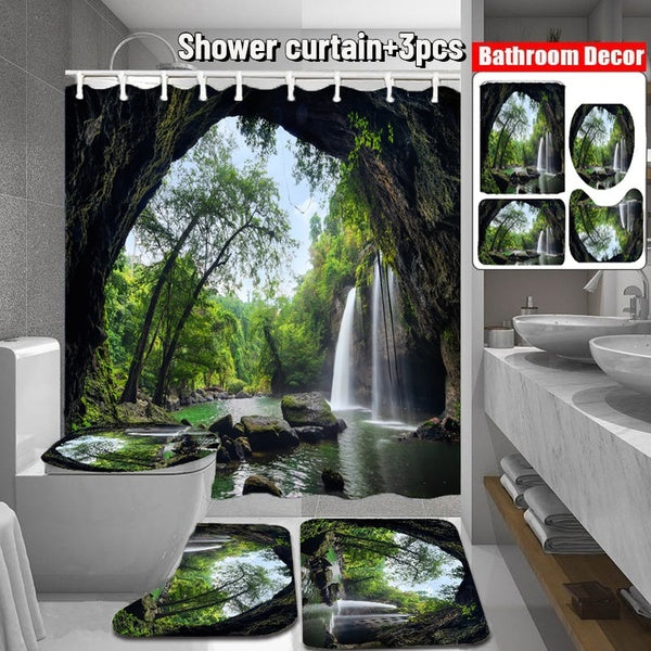 (1-3 Pieces) 3D Forest Waterfall Printed Shower Curtain Bathroom Set Fashion Home Accessories Waterproof Shower Curtain with 12 Hooks Anti-slip Toile