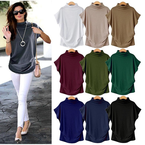 Women's Summer High Neck Bat Sleeve Blouses Fashion Casual Loose T-shirts Ladies Solid Shirts Plus Size