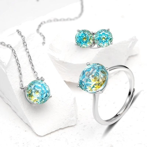 Fashion Beautiful Eye Gem Jewellery Women's Set Pendant Earring Ring 925 Sterling Silver Pendant Round Shape Jewelry Set 2 Colors Choose