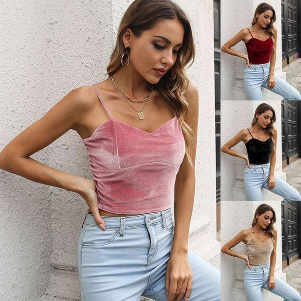 Women's Casual Velvet Sling Vest Summer Fashion Backless Camisole Ladies Sleeveless Tank Tops Soft Crop Tops