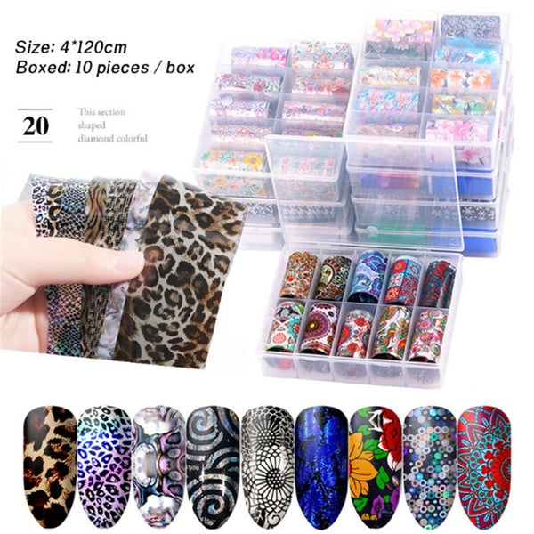 10 Rolls-Box 4*120 Cm Gradient Starry Sky Laser Mix Color Nail Transfer Foils Full Cover Nails Sticker Art for DIY Nail Art Decorations